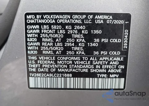 2020 Volkswagen Atlas Cross Sport 3.6L V6 Se W/Technology/3.6L V6 Se W/Technology R-Line z USA, uszkodzony, nr VIN 1V26E2CA9LC221688